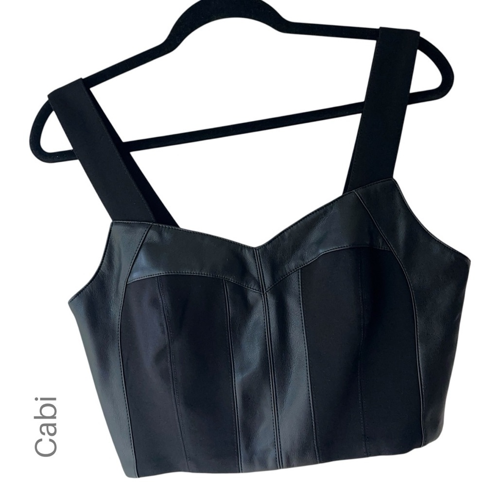 CABI | NWOT JET BLACK FAUX LEATHER BRALETTE TOP PONTE KNIT STRETCH | MEDIUM
